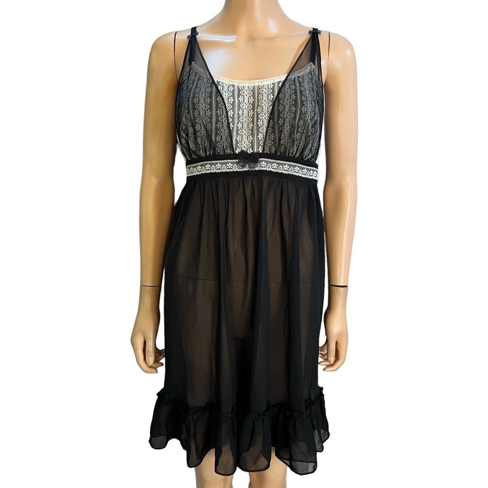 Betsey Johnson Black and White Lace Trim Sheer Babydoll Nightie